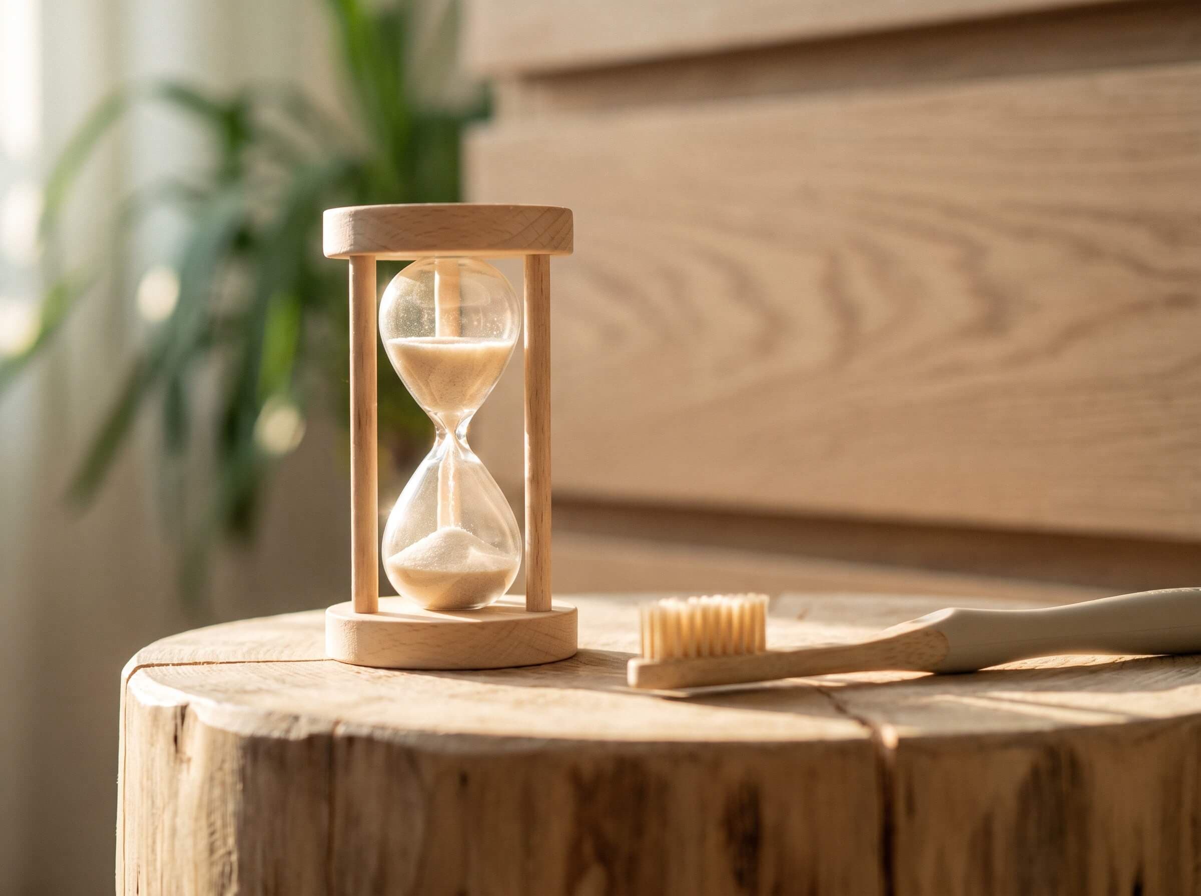 Sanduhr und Holzzahnbürste auf dem Holzstamm bei kidsReinisch